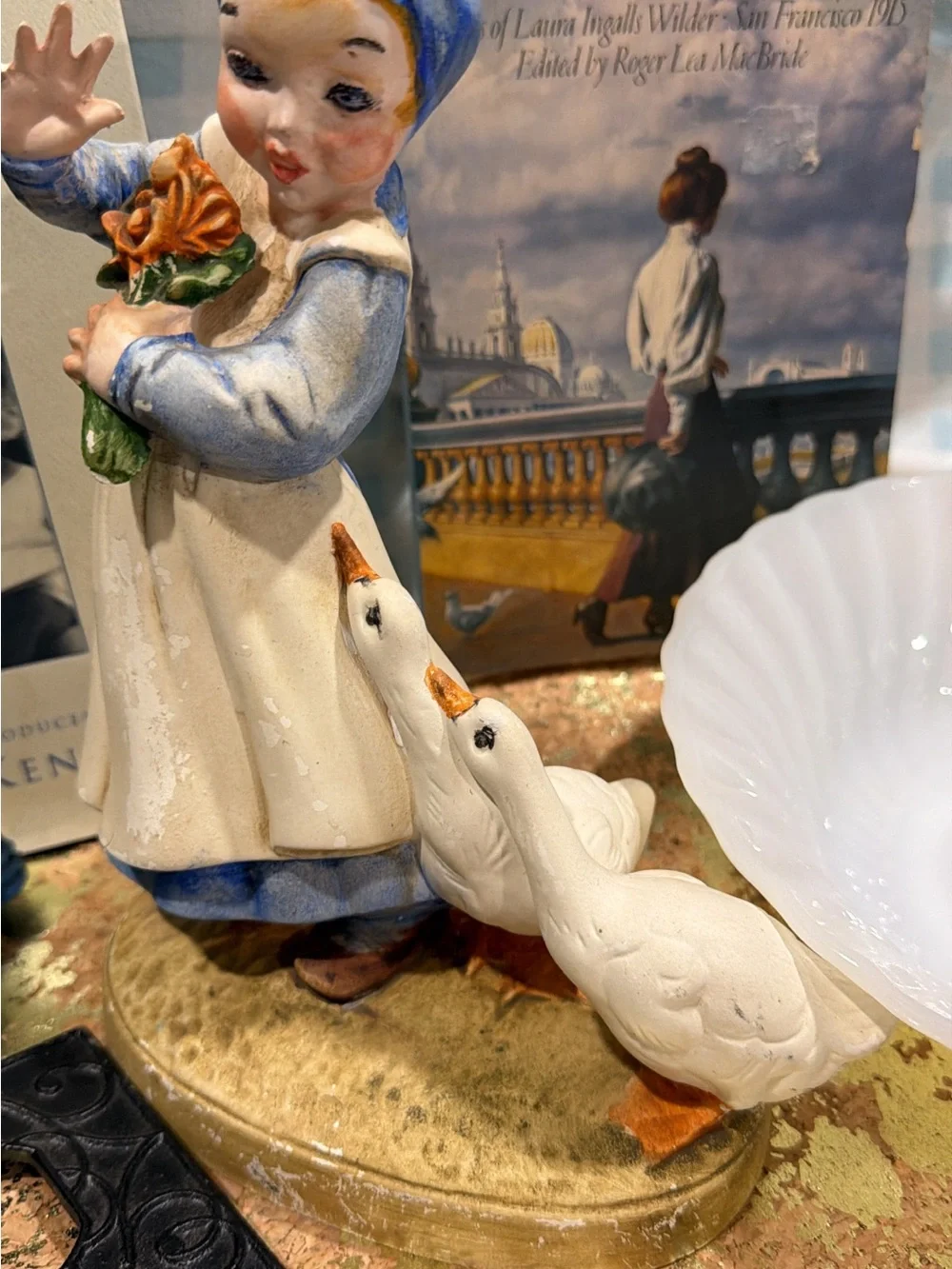 Vintage Porcelain Girl with Geese Figurine - Blue & White